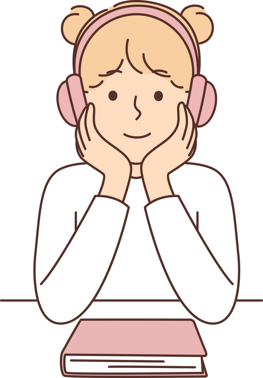 Little girl listens audiobook using headphones as alternative to reading textbooks